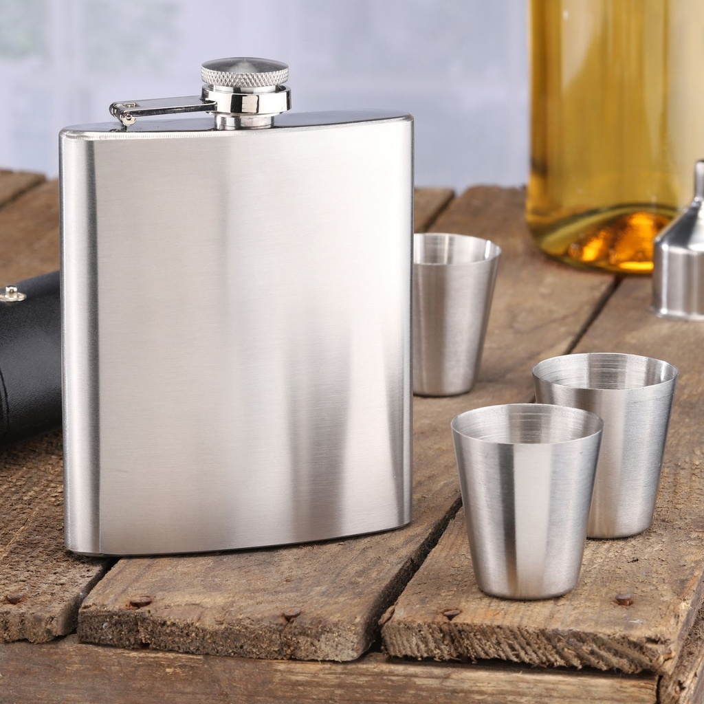 [1383] 7-tlg. Edelstahl Flachmann Set Taschenflasche Schnapsflasche Becher Tasche 210ml