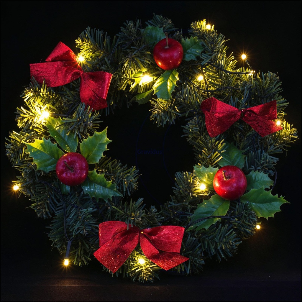 [2501] LED Türkranz Ø30 cm mit roten Schleifen Äpfeln 15 warmweißen LEDs