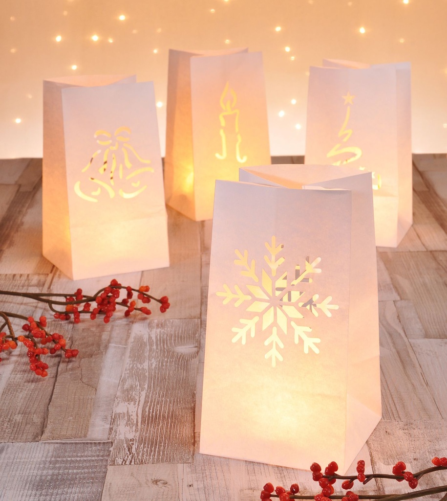 [3104] 8 x Tütenwindlicht mit Wintermotiven Lichttüten Candlebags Deko Tüte