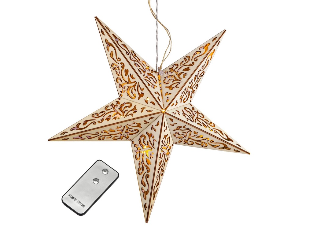 [7251] LED Holzstern 10 warmweiße LEDs Innen Fernbedienung Batteriebetrieb