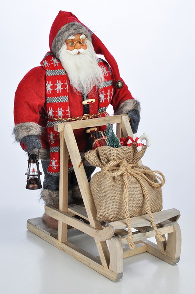 Weihnachtsmann Santa Claus Nikolaus mit Schlitten stehend Weihnachtsdeko Holz