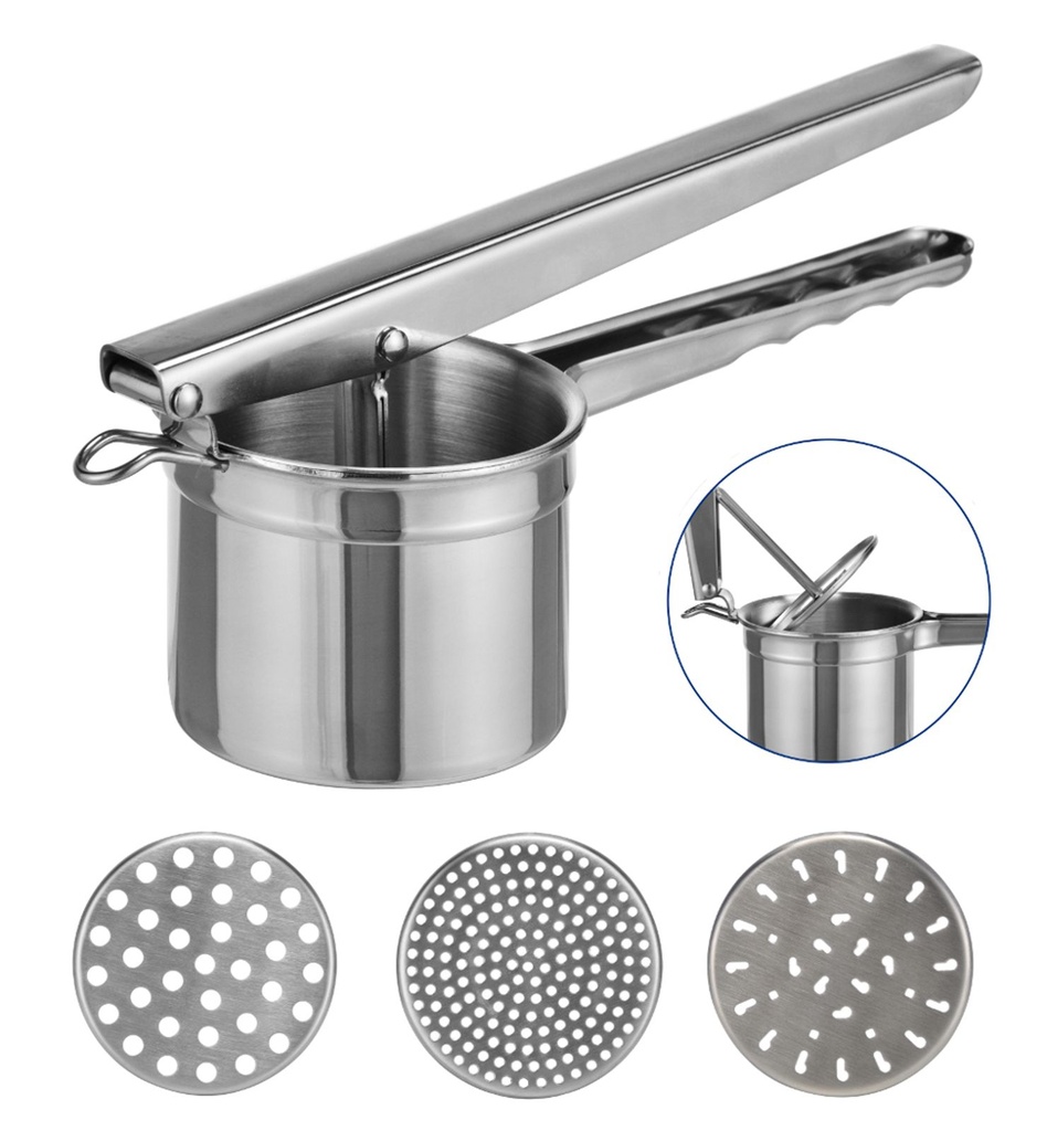 [8259] Edelstahl Kartoffelpresse Spätzlepresse 3 Locheinsätze