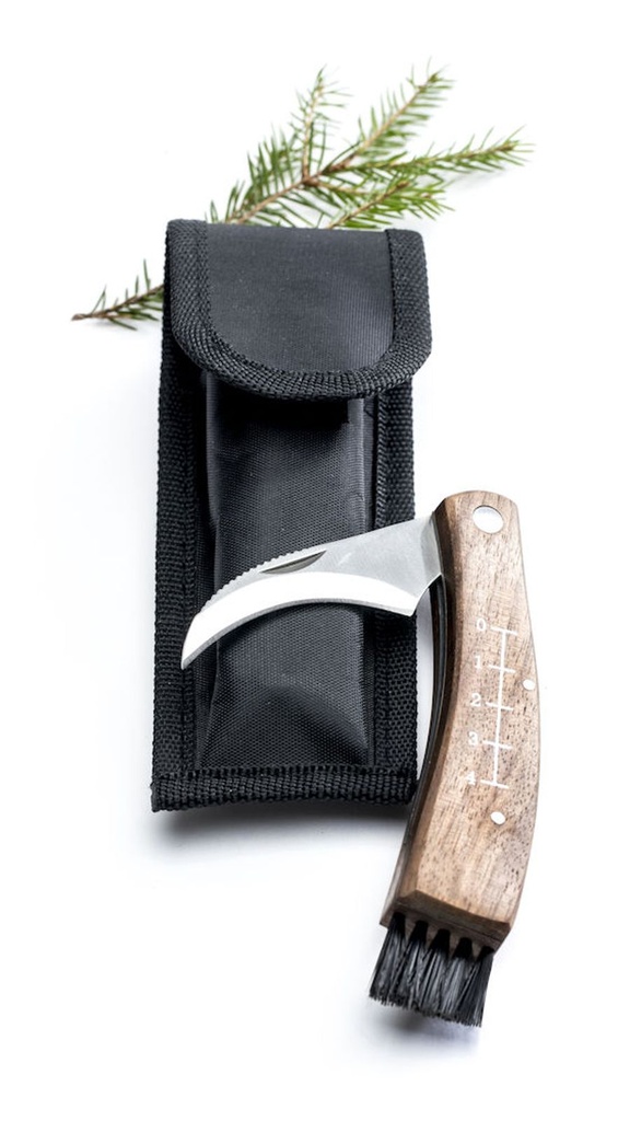 Pilzmesser Pilz Schneider Bürste Tasche im Futteral Walnuss Holz