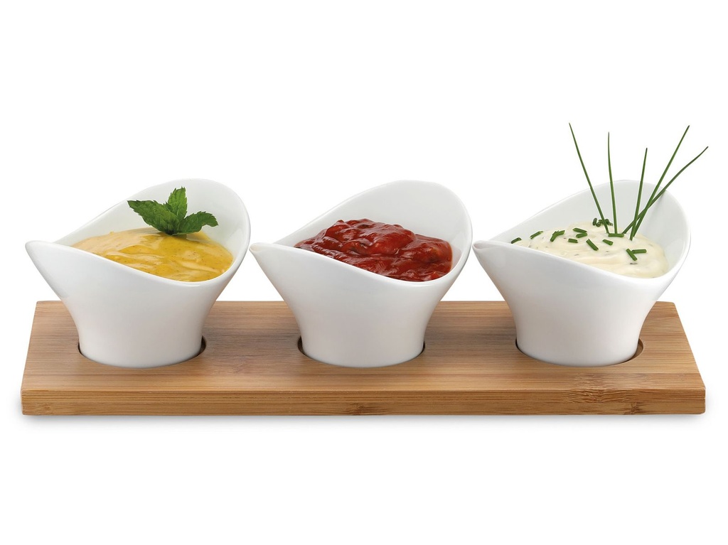 Servierset mit 3 aufgesetzten Schalen für Saucen Dips oder Snacks aus Porzellan