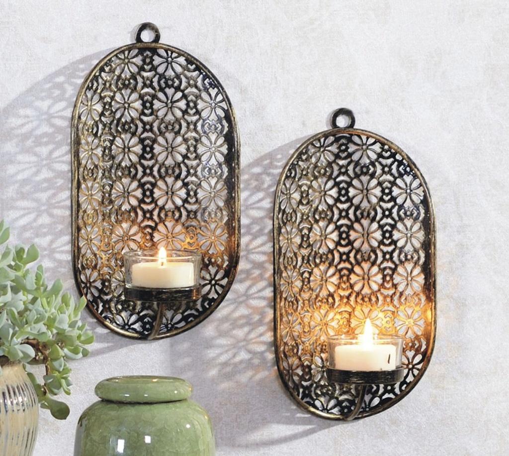 [15945] 2er Set Wandkerzenhalter Teelichthalter Metall Glas