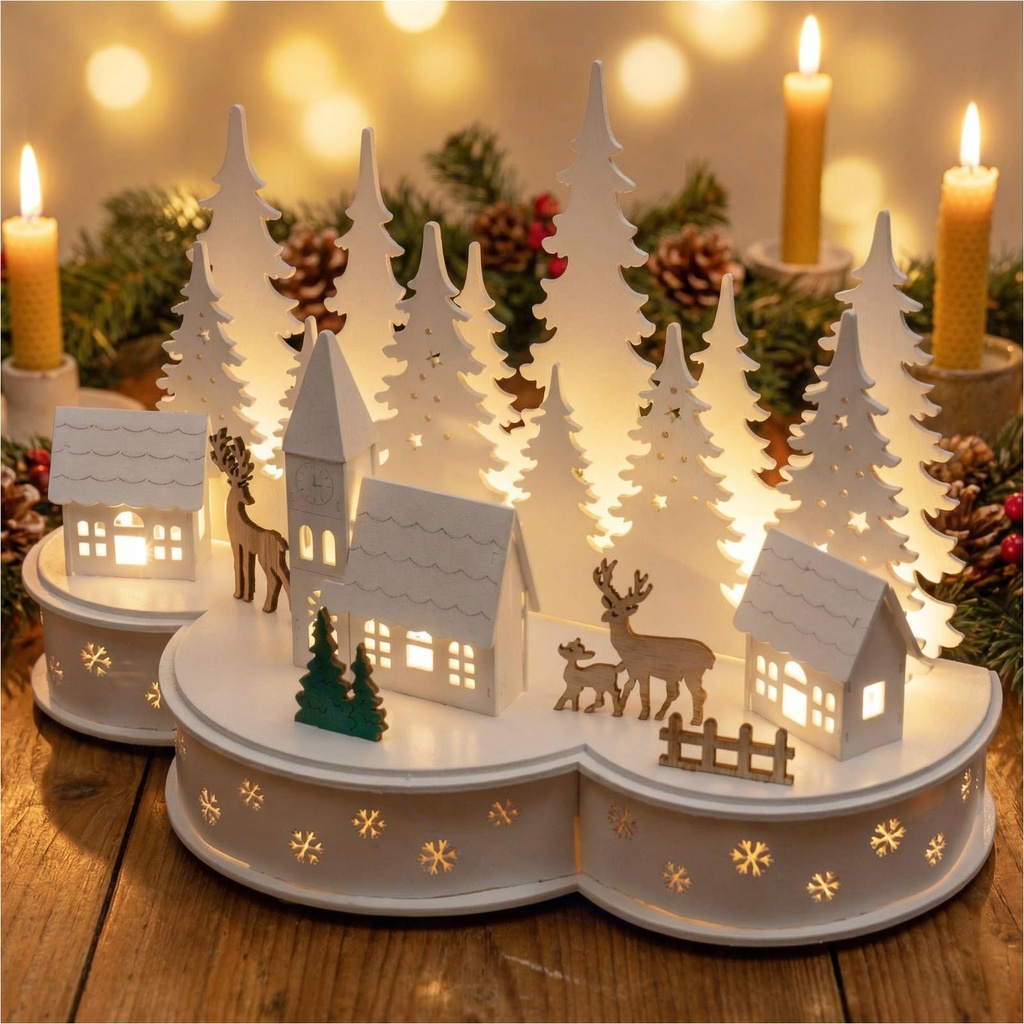 [15970] Beleuchtete LED Weihnachtsstadt mit Rentieren Weihnachtsdeko