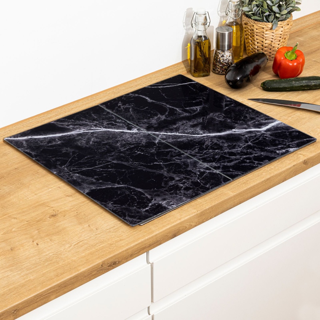 [17197] 2er Set Herdabdeckplatten Glas Marmor Schwarz – Schutz & Arbeitsfläche
