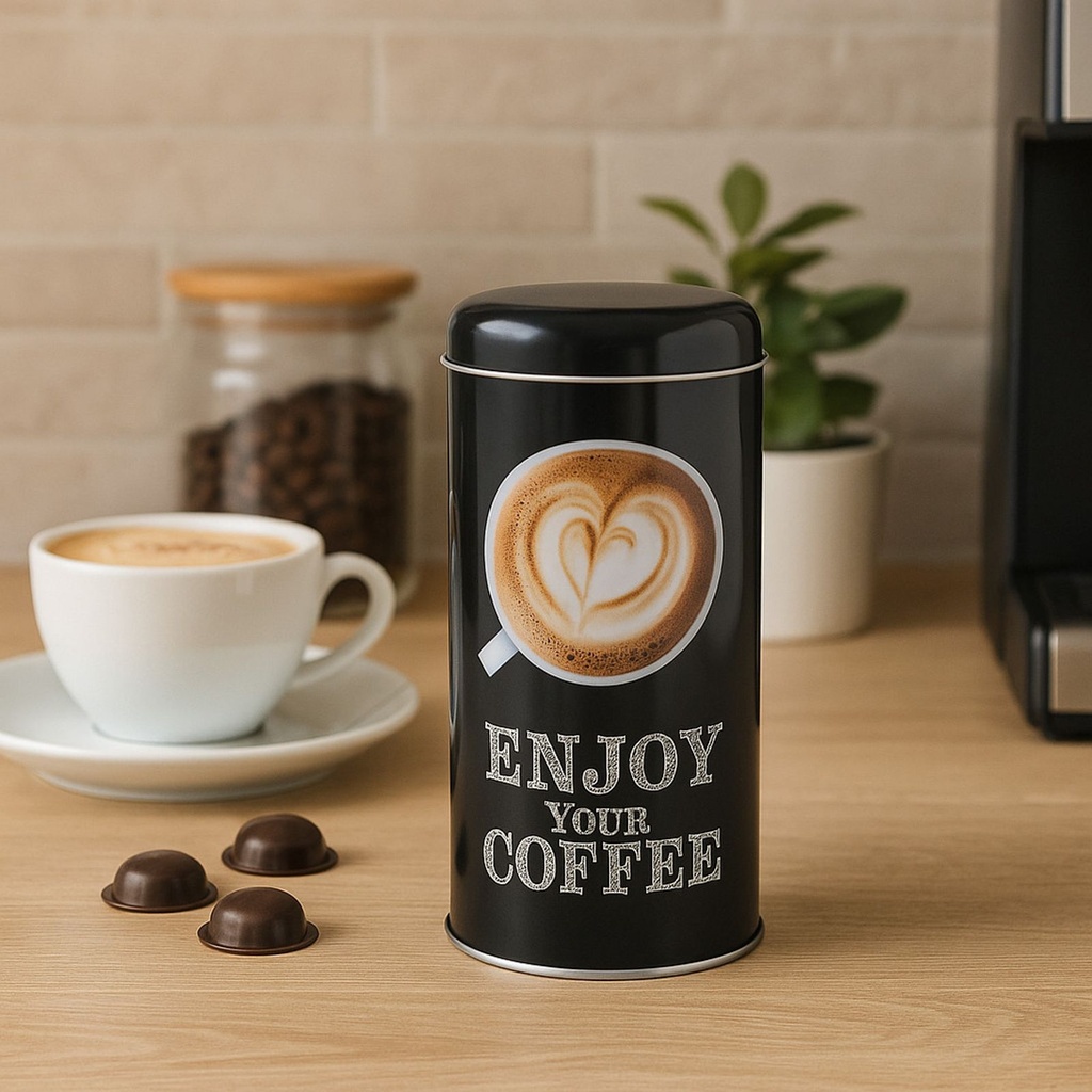 [17313] Stylische schwarze Kaffeedose für Pads mit Kaffeetassen-Motiv