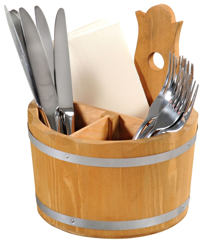 [17964] Besteckbehälter aus Holz rund 17x20cm mit Griff und 3 Fächern