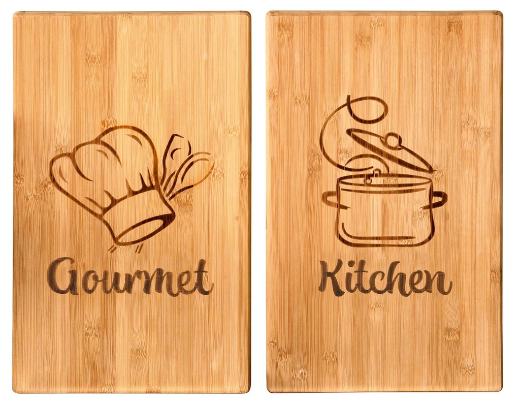 [17972] 2er Set Bambus Schneide- und Abdeckplatte mit dekorativen Motiven