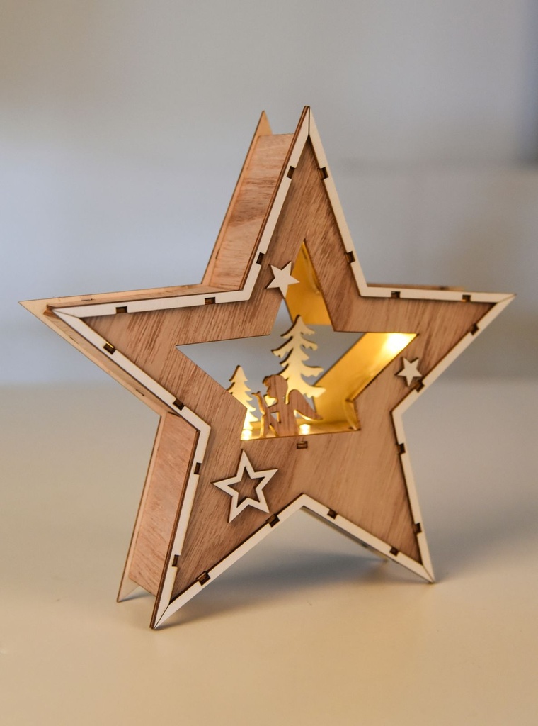 [18190] Deko Holzstern 24cm mit Engel und Tannen Motiv, 7 LED warmweiß