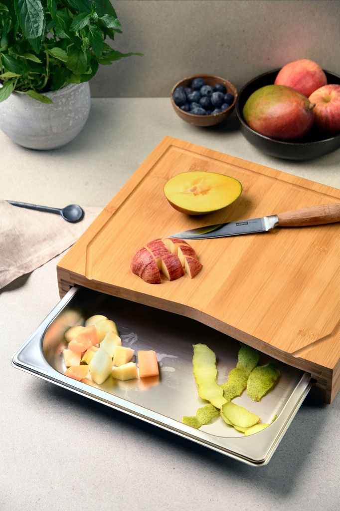 [18206] Bambus Schneidebrett mit Edelstahl Auffangschale Saftrille Rutschfest