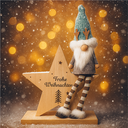 Holzstern mit Weihnachtswichtel und Aufschrift Frohe Weihnachten