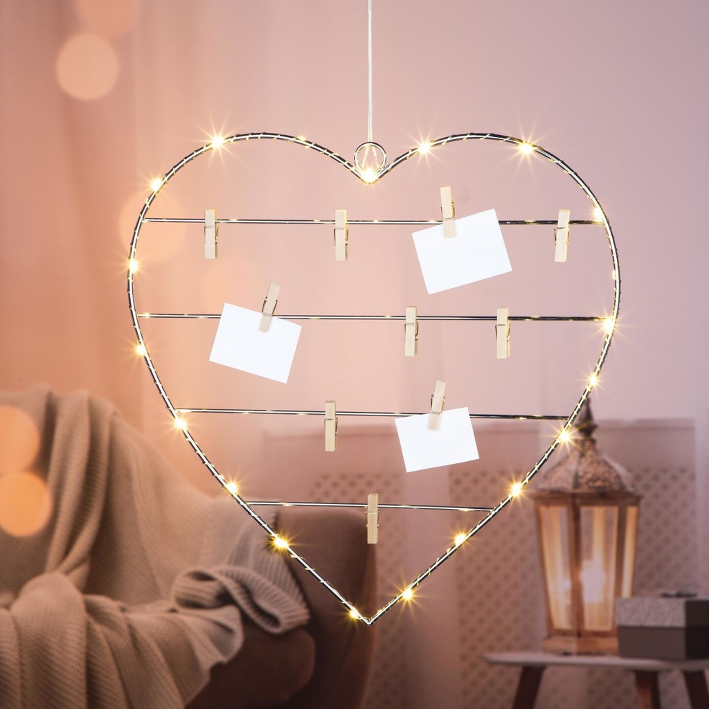 [18290] LED Herz 20 warmweiße LEDs mit Holzklammern silber batteriebetrieben