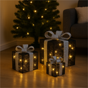 3er Set LED Geschenkboxen warmweiß Timer Batterie schwarz silber