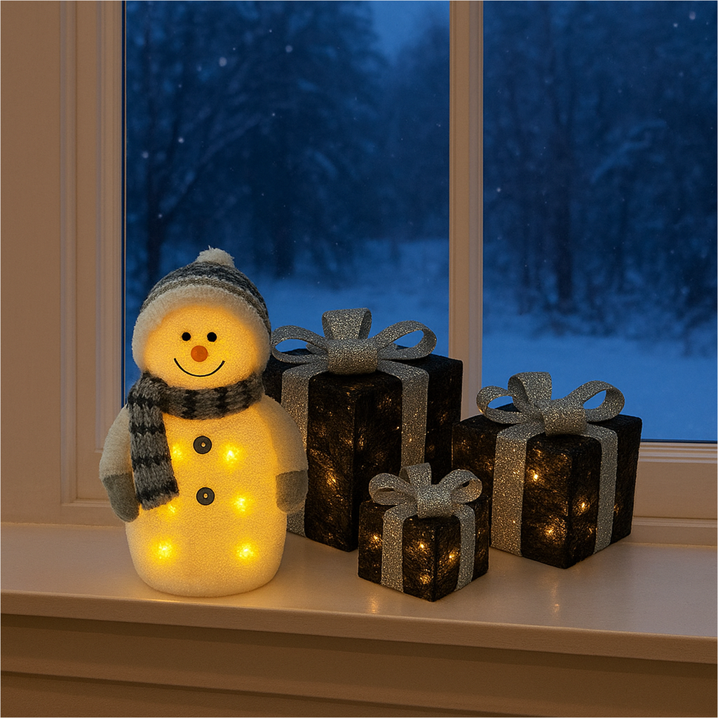 [18299] LED Schneemann mit 3er Set Geschenkboxen warmweiß Timer schwarz silber