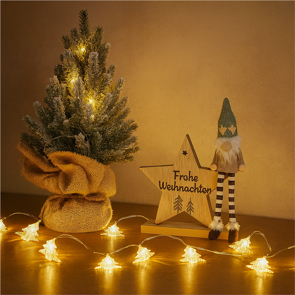 [18302] Weihnachtsdeko Set mit LED Baum, Lichterkette & Wichtel auf Holzstern