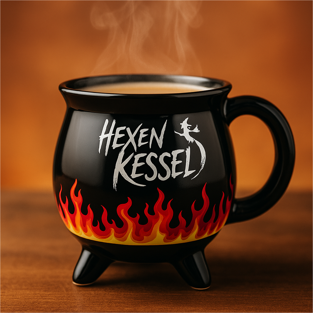 [18304] Hexenkessel Becher schwarz mit Farbwechsel aus Steingut 350 ml