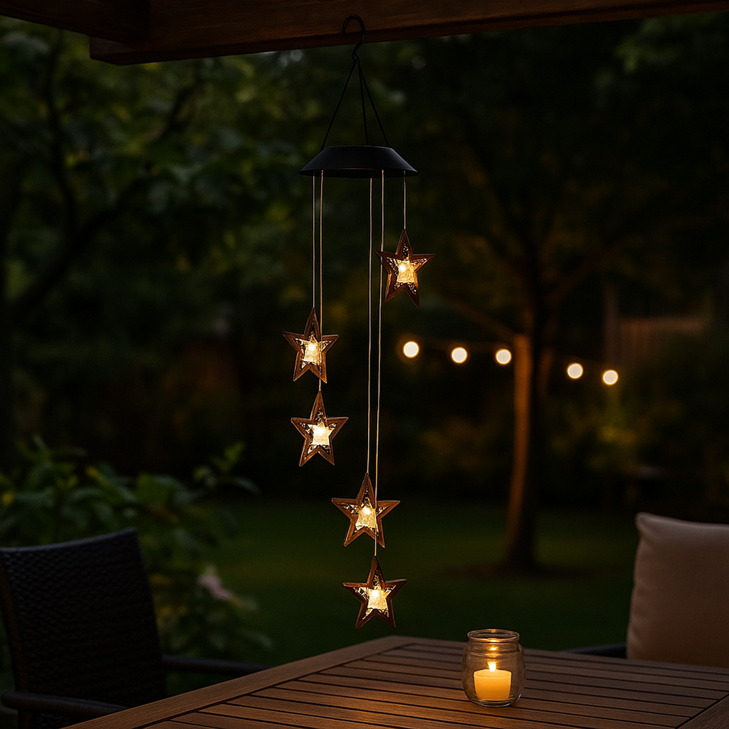 [18320] LED Solar Hänge-Windspiel Sternenstaub mit 6 Metallsternen warmweiß